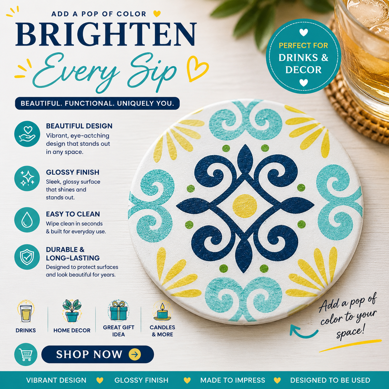 Colorful Teal & Navy Ceramic Coaster – Handmade Boho Home Decor Gift