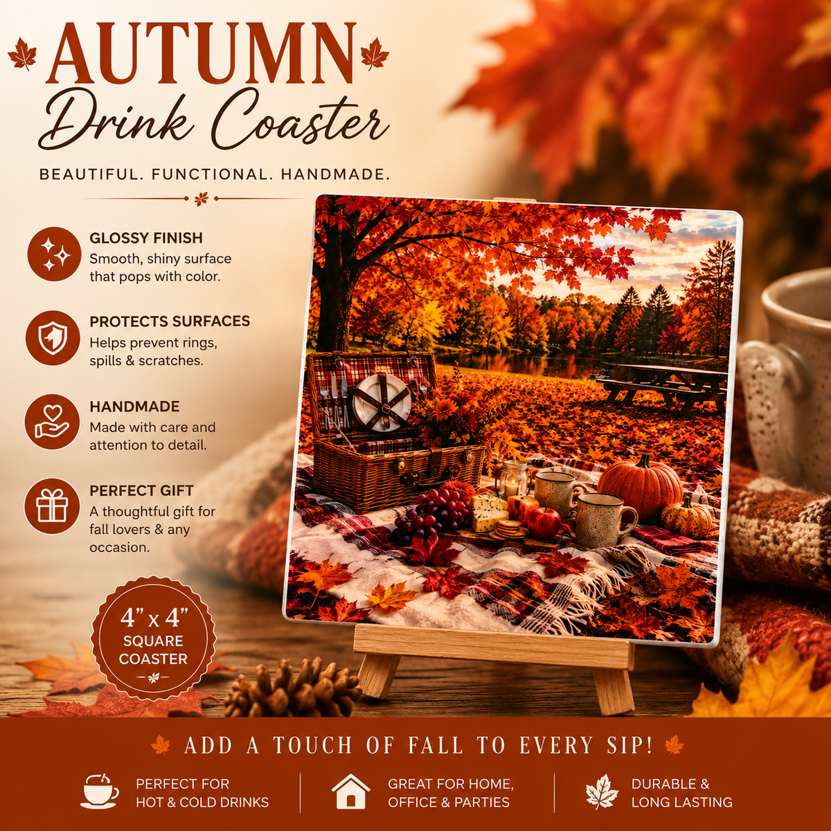 Autumn Picnic Handmade Fall Drink Coaster