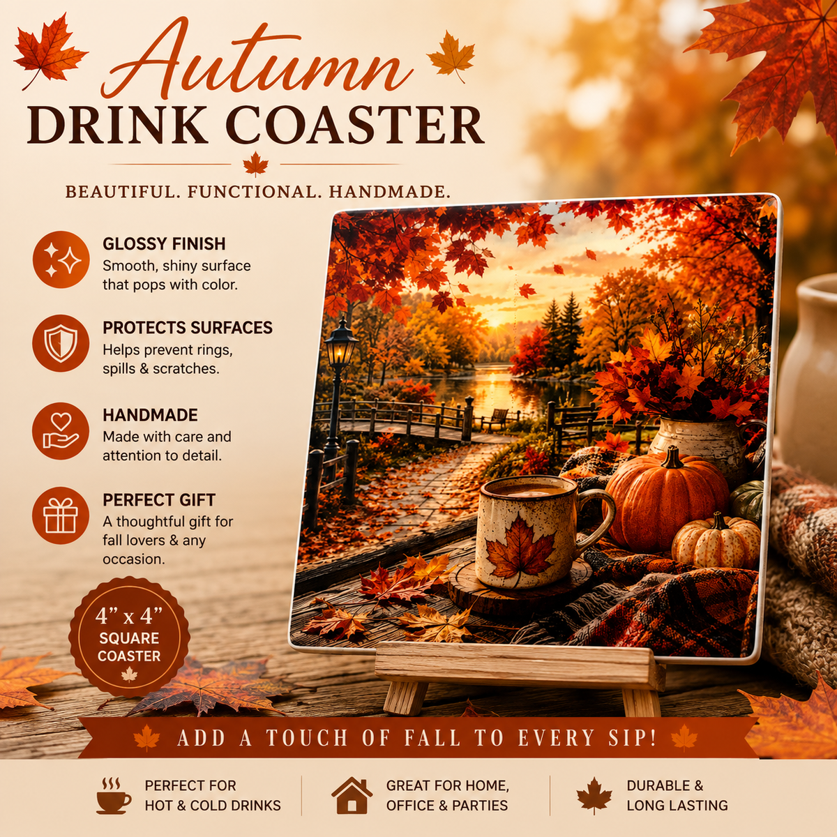 Autumn Lakeside Serenity – Handmade Drink Coaster