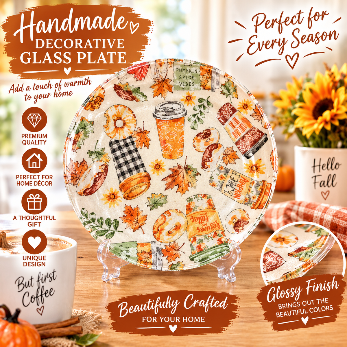Handmade Fall Coffee & Donut Decorative Glass Plate – Autumn Leaves, Pumpkin Spice & Cozy Café Design