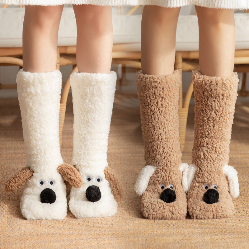 Cute Cartoon Dog Socks Warm Non-slip Plush Socks For Women