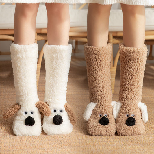 Cute Cartoon Dog Socks Warm Non-slip Plush Socks For Women