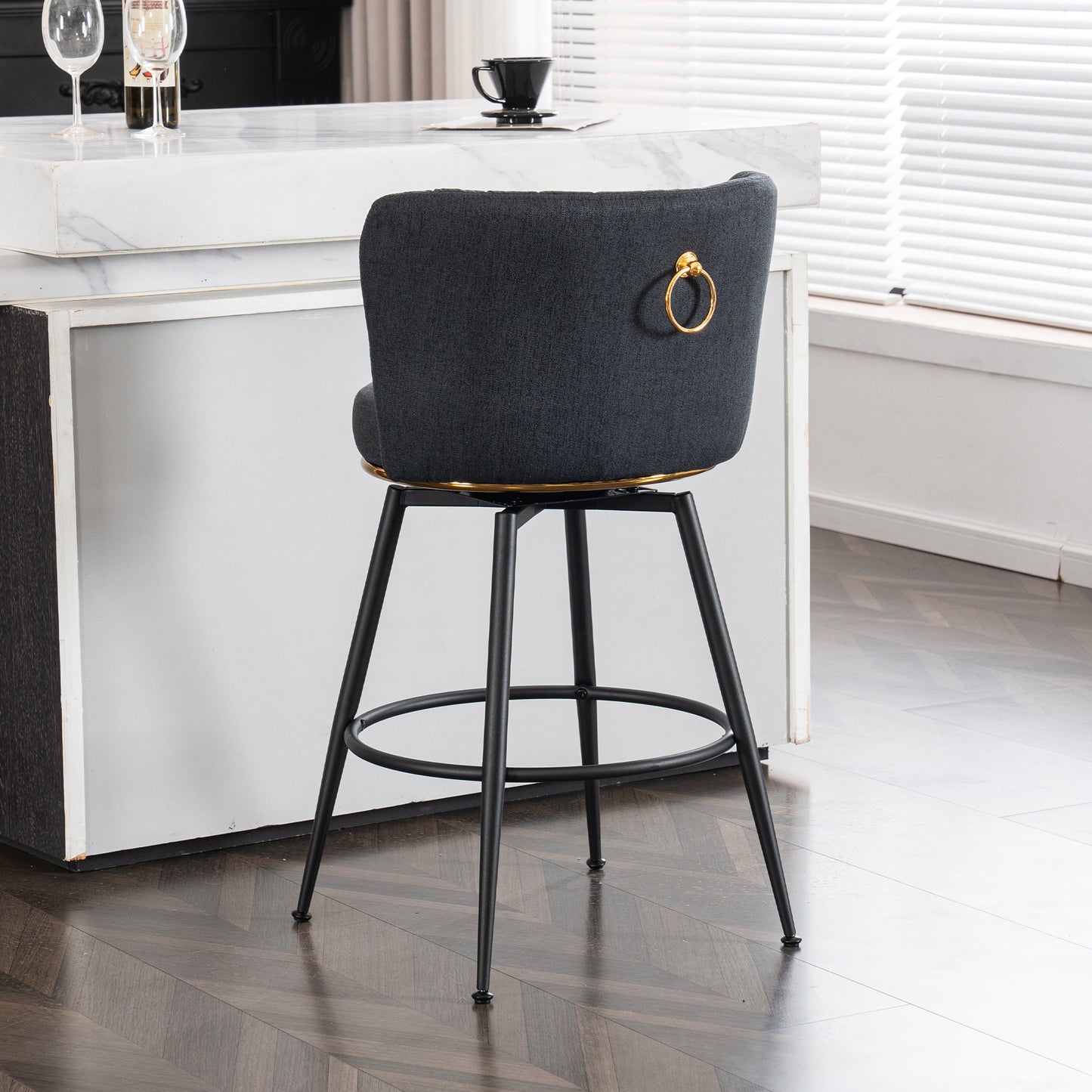 A set of 2 gray rotating bar stools - high backrest, adjustable, with elegant metal backrest decoration