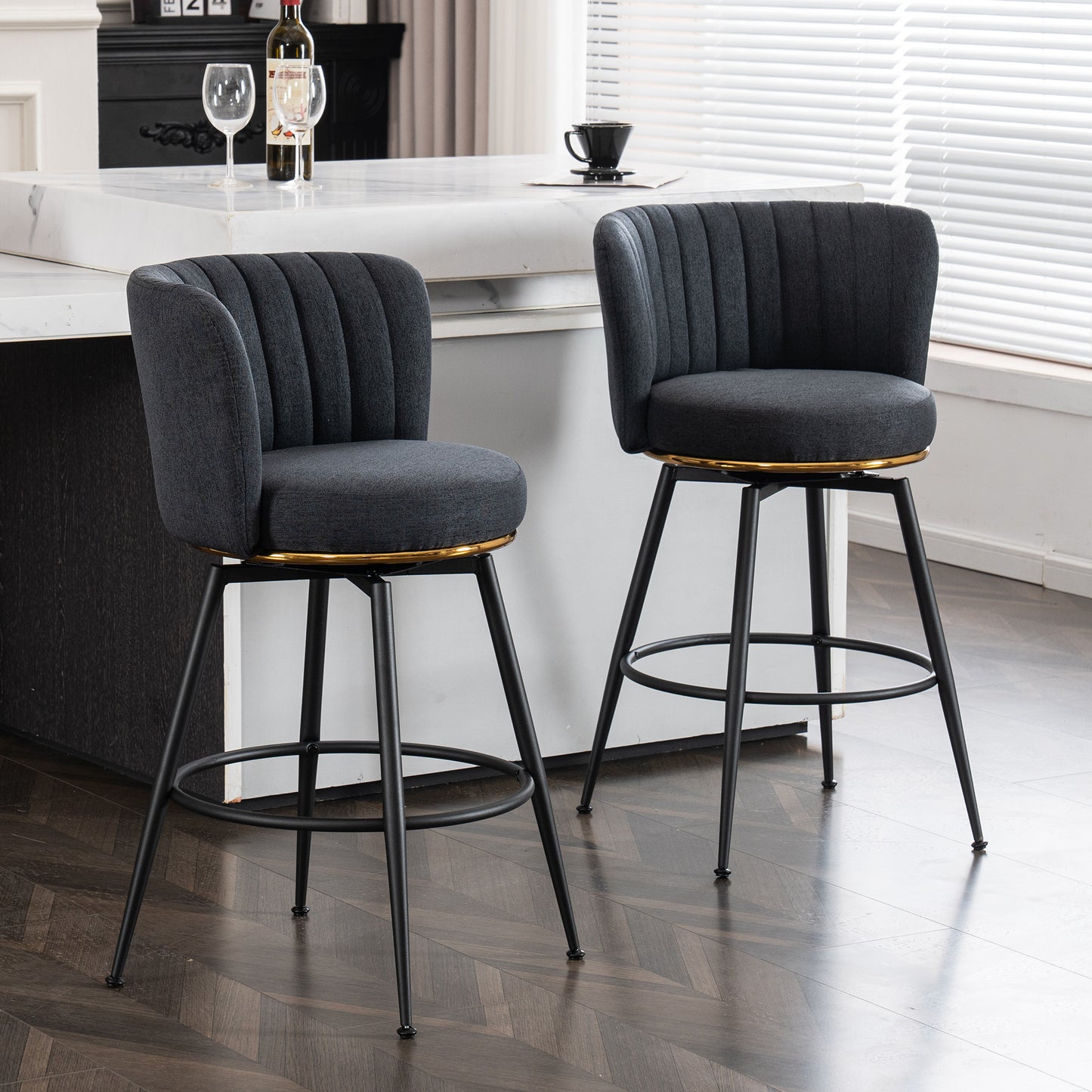 A set of 2 gray rotating bar stools - high backrest, adjustable, with elegant metal backrest decoration