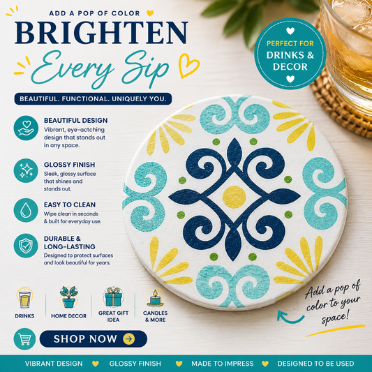 Colorful Teal & Navy Ceramic Coaster – Handmade Boho Home Decor Gift