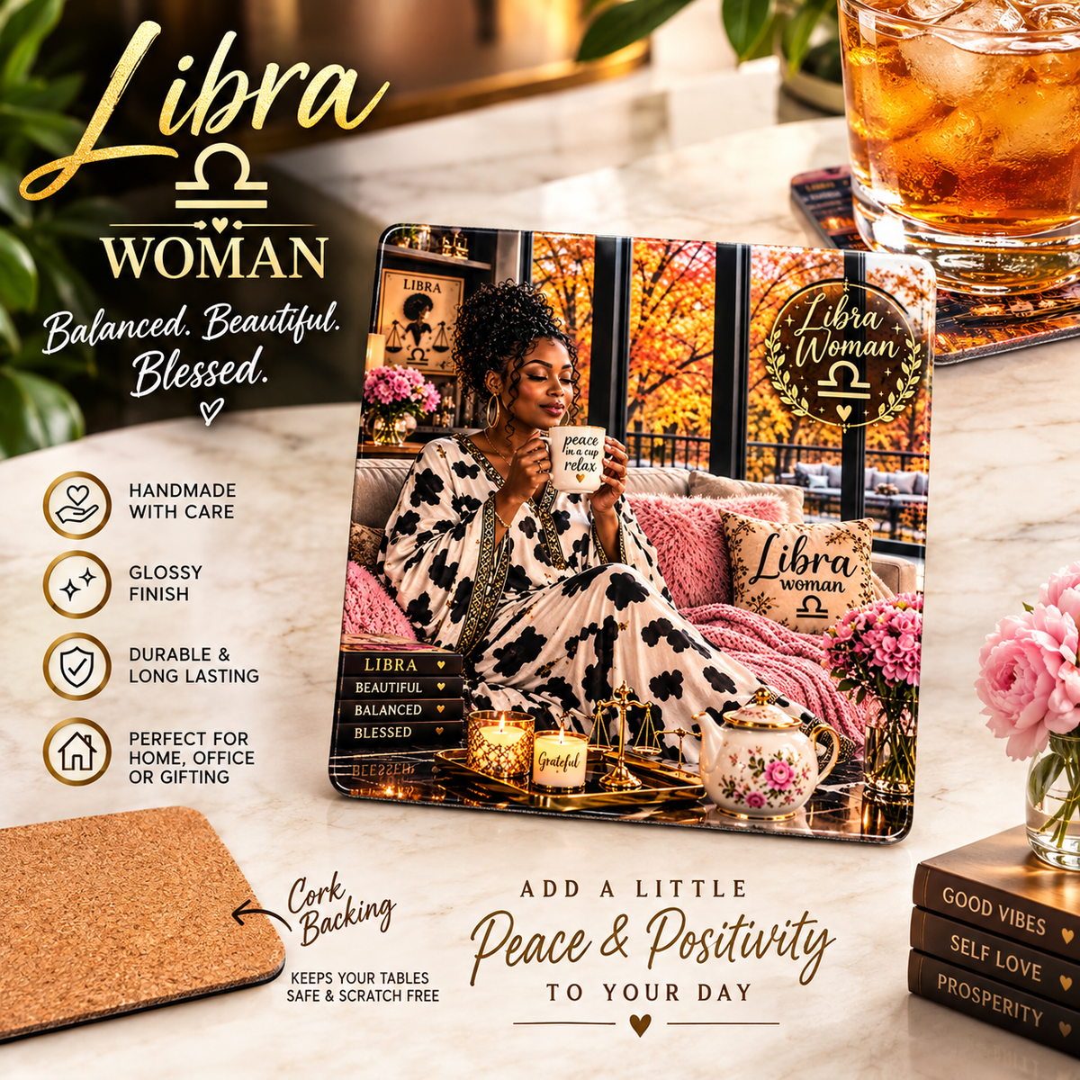 Libra Woman- Peace in a Cup Relaxation Coaster