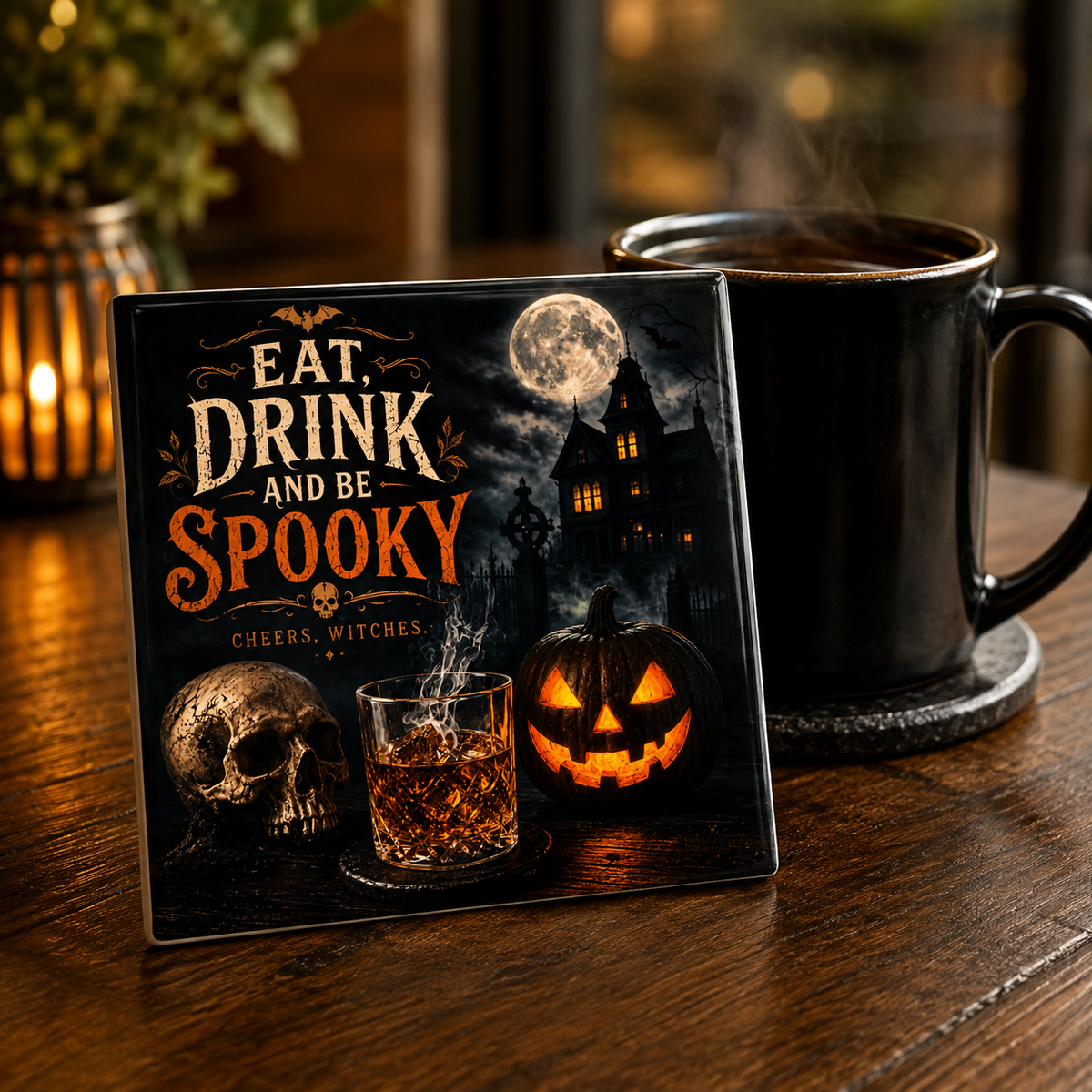 Eat, Drink & Be Spooky Halloween drink coaster