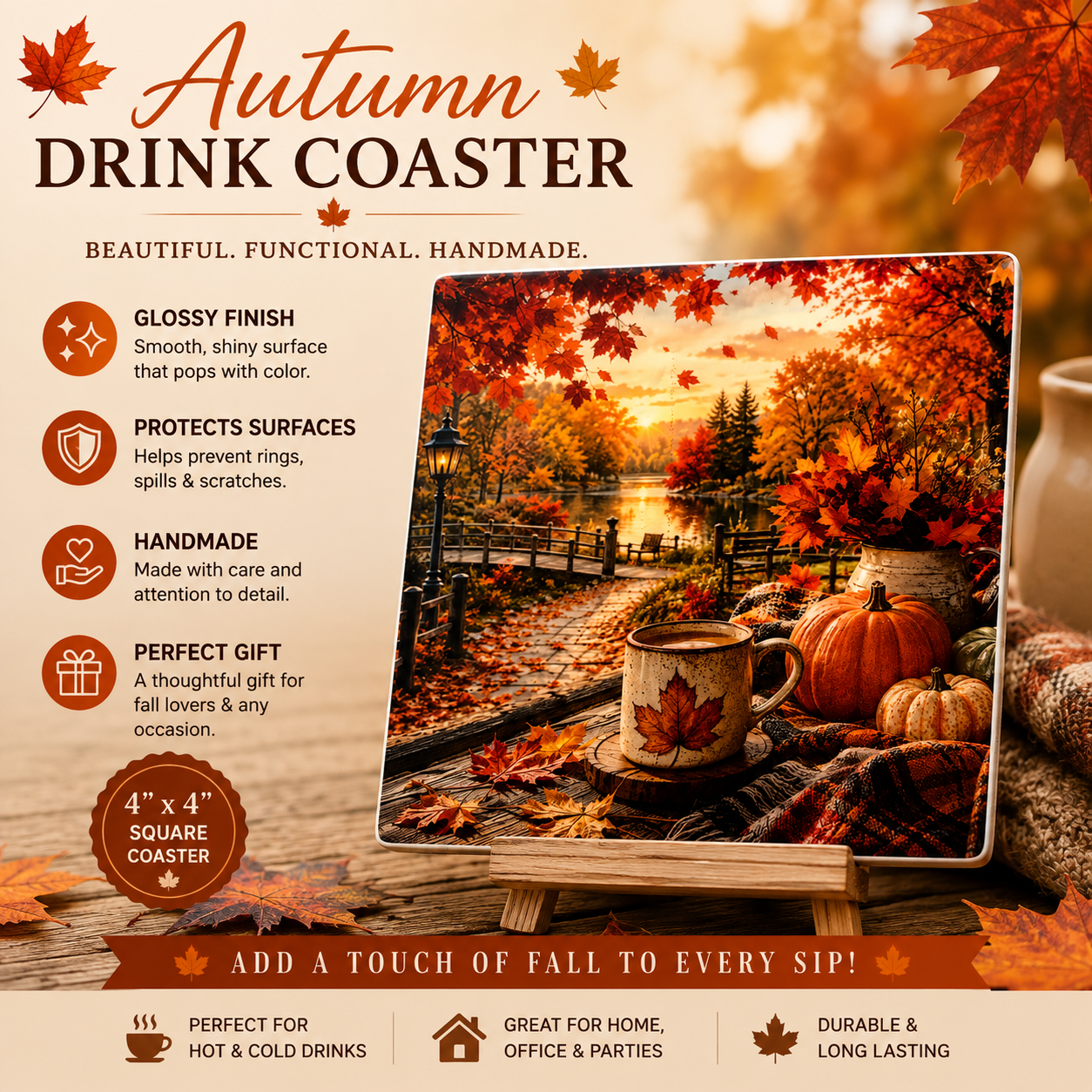 Autumn Lakeside Serenity – Handmade Drink Coaster