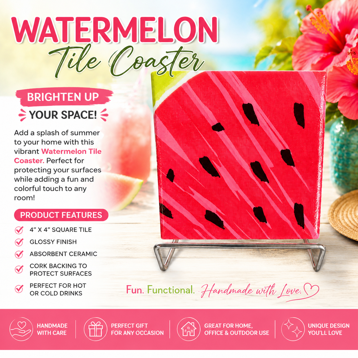 Watermelon Splash Handmade Tile Coaster