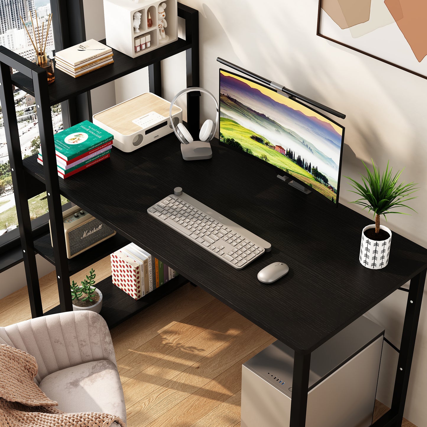 Bedroom desk, steel frame, computer desk, student desk, desk with 4 storage shelves, metal and wood