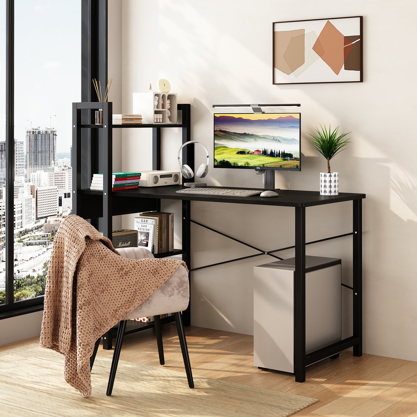 Bedroom desk, steel frame, computer desk, student desk, desk with 4 storage shelves, metal and wood