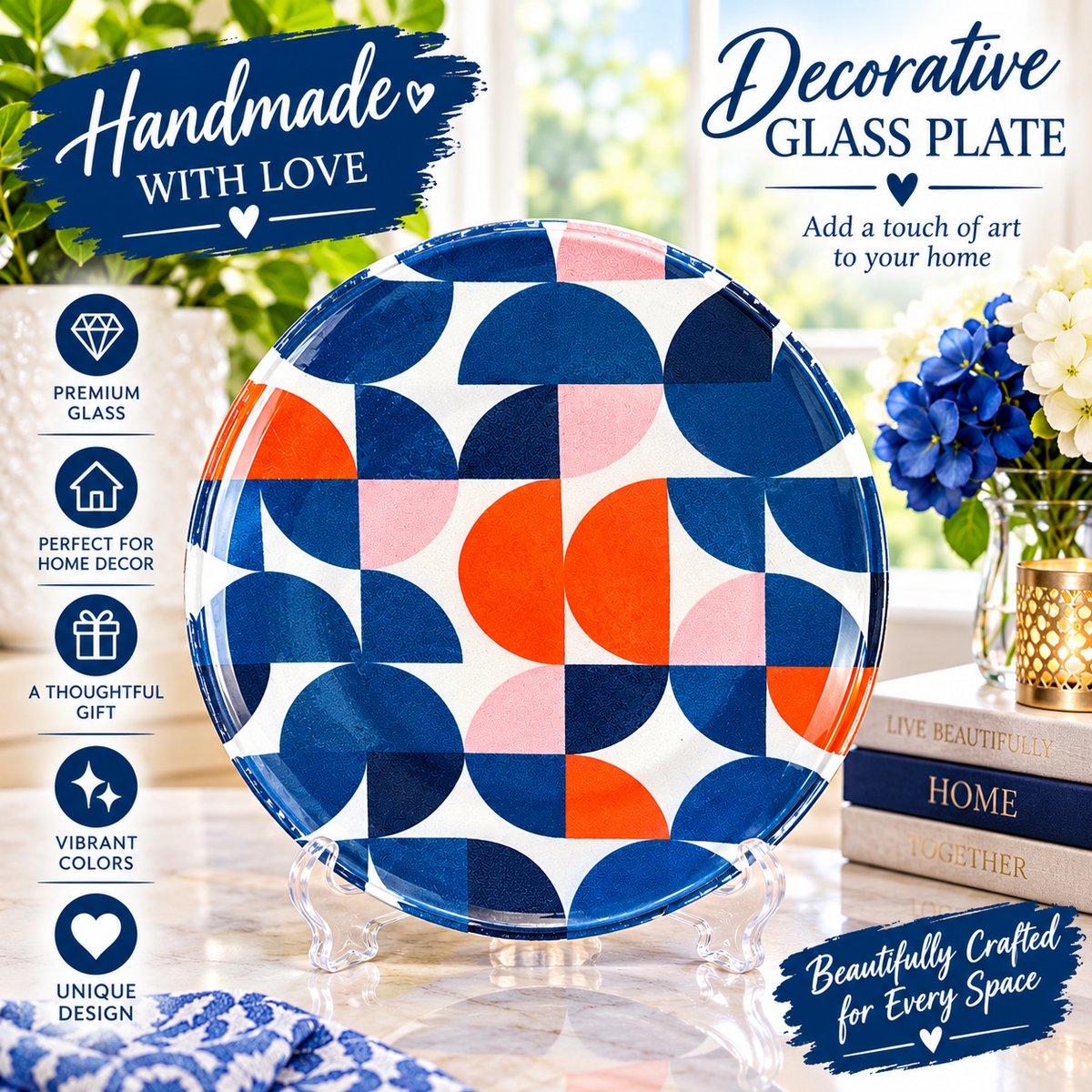Handmade Geometric Decorative Glass Plate – Navy Blue, Pink & Orange Modern Home Décor