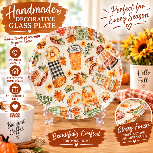 Handmade Fall Coffee & Donut Decorative Glass Plate – Autumn Leaves, Pumpkin Spice & Cozy Café Design