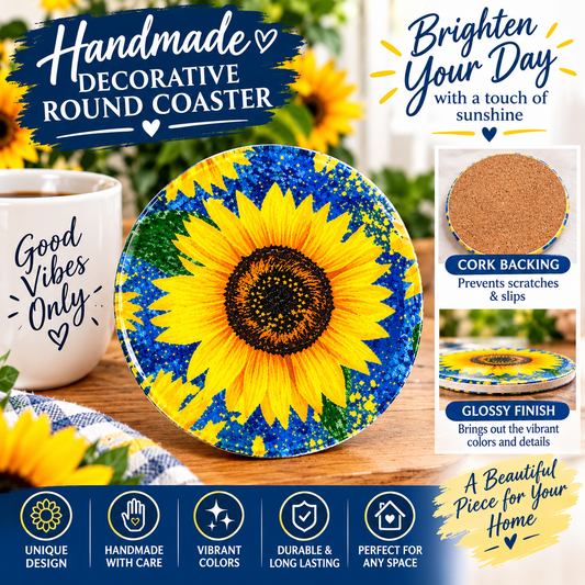 Handmade Sunflower Round Drink Coaster with Cork Backing – Blue and Yellow Floral Design