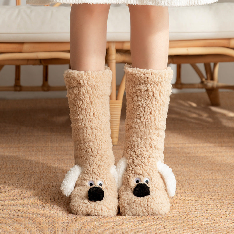 Cute Cartoon Dog Socks Warm Non-slip Plush Socks For Women