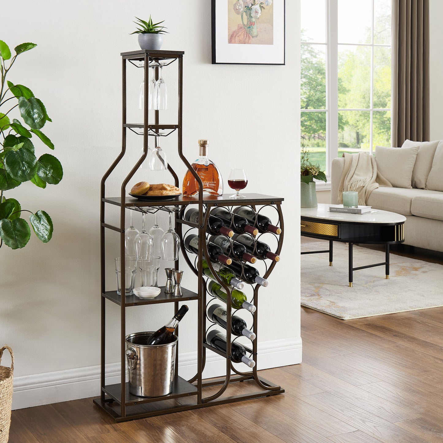 5-tier Freestanding Wine Rack With Hanging Wine Glass with Storage