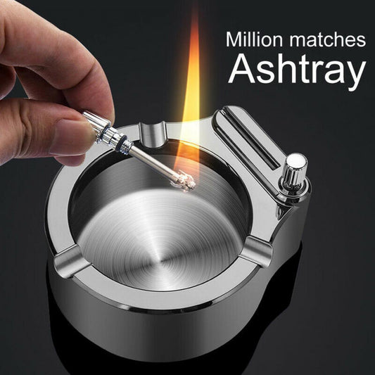 Cigarette Ashtray With Permanent Match Lighter Fancy Metal Ash Tray