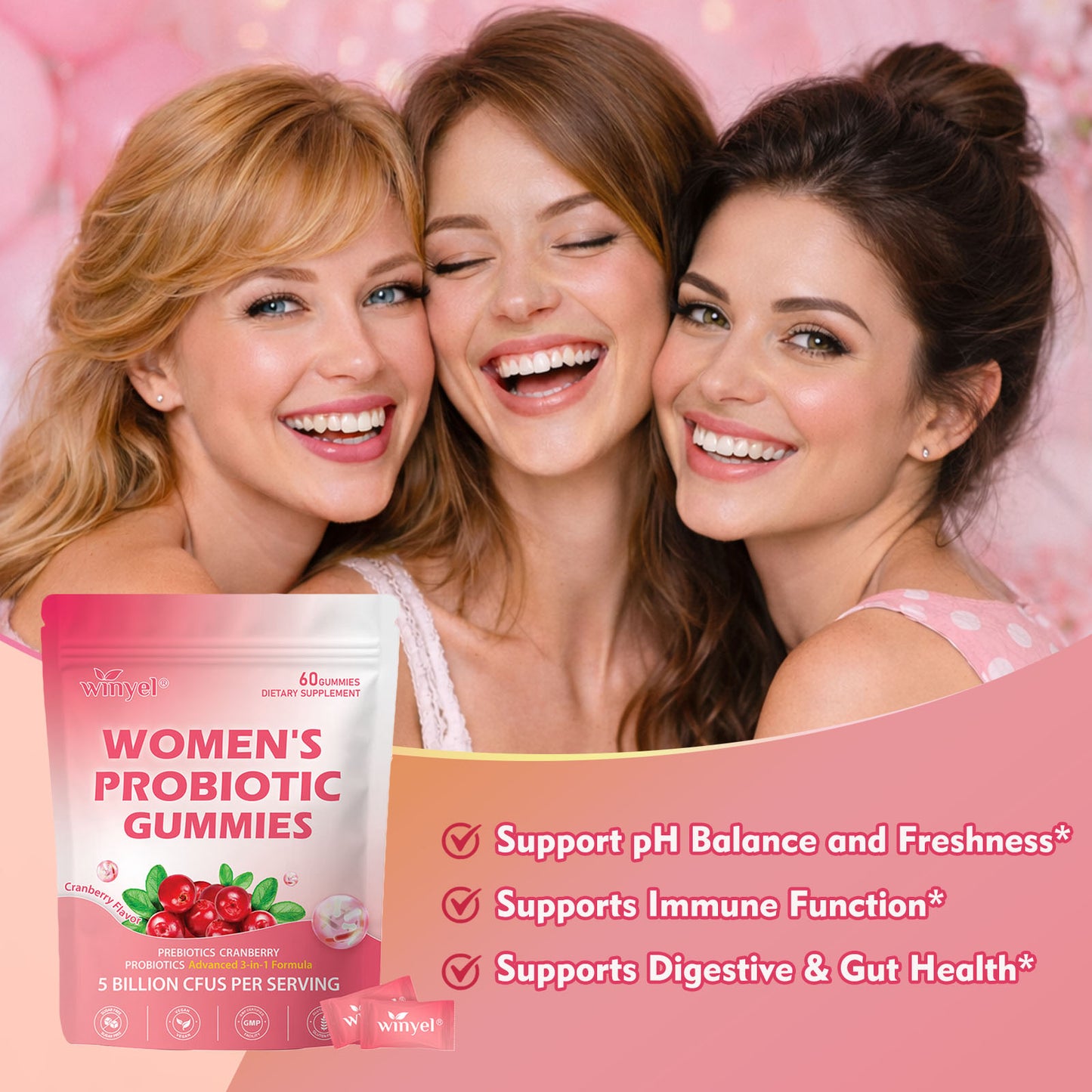 Cranberry Probiotic Gummies Targets Body Odor, Women's Health, And PH Balance Vegan 60 Gummies