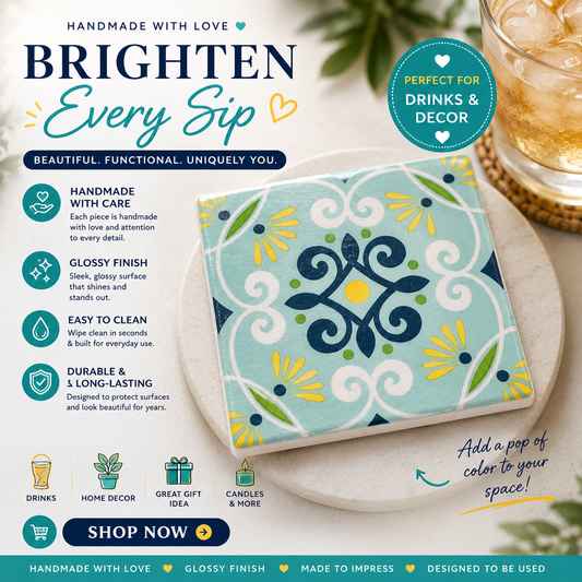 Handmade Moroccan Tile Coaster – Boho Home Decor | Colorful Ceramic Coaster Gift