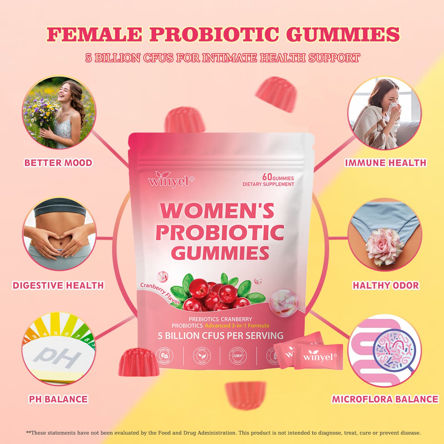 Cranberry Probiotic Gummies Targets Body Odor, Women's Health, And PH Balance Vegan 60 Gummies