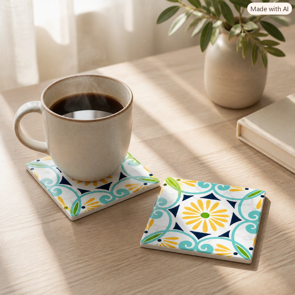 Colorful Desk & Office Ceramic Coaster – Handmade Boho Decor Gift